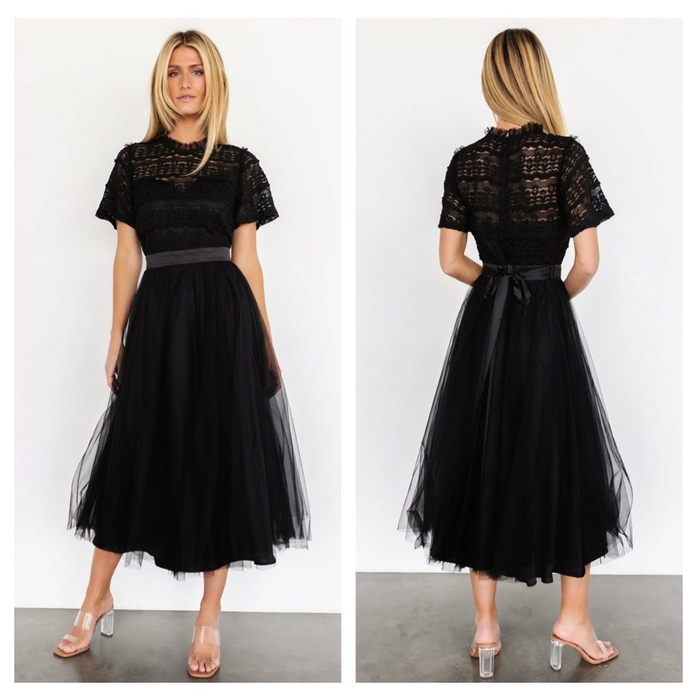 Baltic Born Black Lace Tulle Midi Dress